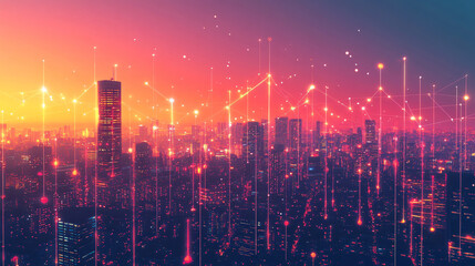Fototapeta premium Futuristic cityscape with glowing lines connecting buildings, illustrating the concept of a smart city and interconnectedness
