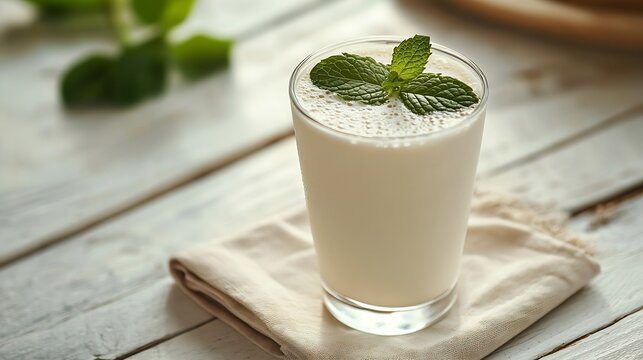 A glass of Turkish traditional drink ayran kefir or buttermilk made from yogurt garnished with mint leaves is placed on a beige napkin on a white wooden table : Generative AI