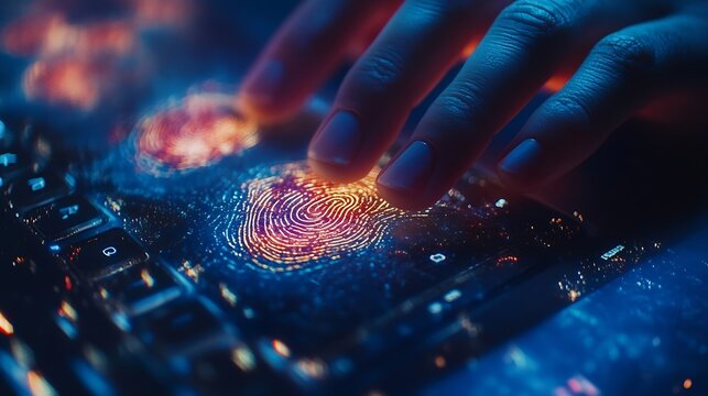 Double exposure of abstract creative fingerprint hologram with hands typing on laptop on background research and development concept : Generative AI