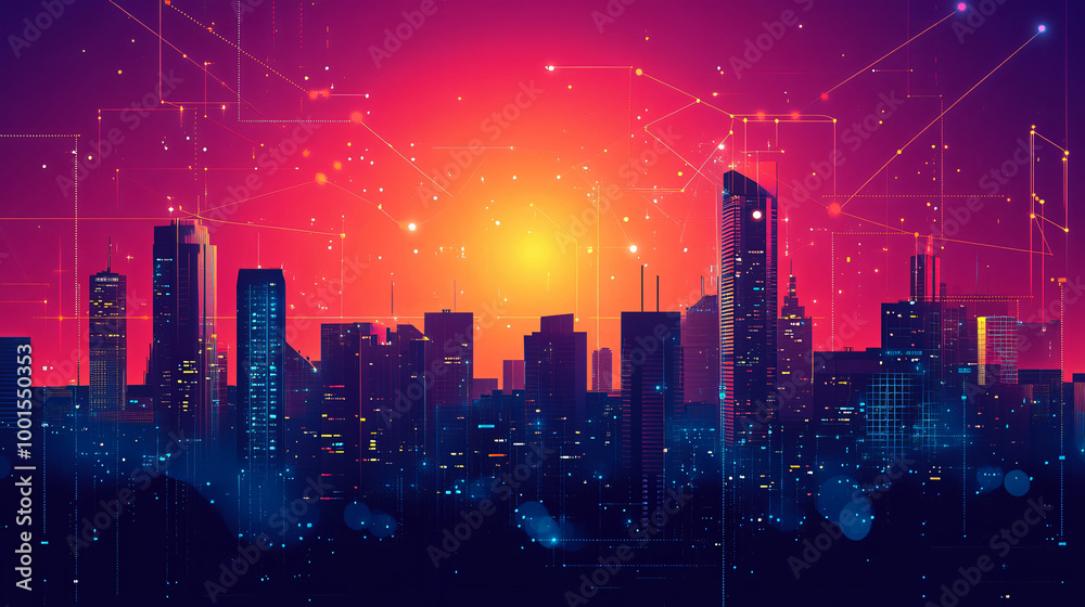 Poster as the sun sets, a futuristic city skyline evolves into a digital network, representing the idea of 
