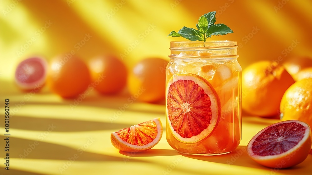 Aufkleber freshly squeezed blood orange juice with ice mint and a slice of fruit in a jar on a yellow backgrou
