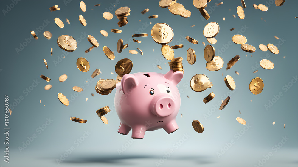 Wall mural saving money by adding coin in pig shaped bank after retirement and record keeping of income, expend