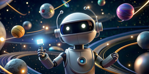 Cosmic Explorer: A cute, friendly robot explores a vibrant, colorful galaxy, holding a glowing cube.  This 3D rendered image is perfect for tech, space, or children's themes.