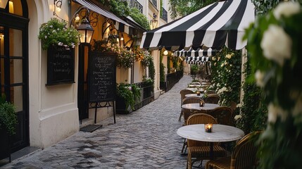 A street with a black and white striped awning and tables with chairs under it. The tables are empty
