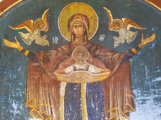 Medieval fresco  from Mother Mary on Orthodox monastery wall
