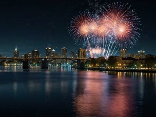 Cityscape with fireworks over water.