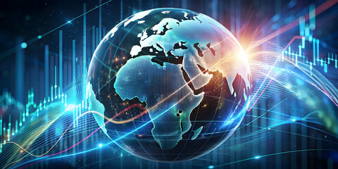 Fototapeta premium Global Market Dynamics: A mesmerizing visualization of the world interconnected by dynamic financial data streams, symbolizing global trade, economic growth, and interconnectedness.