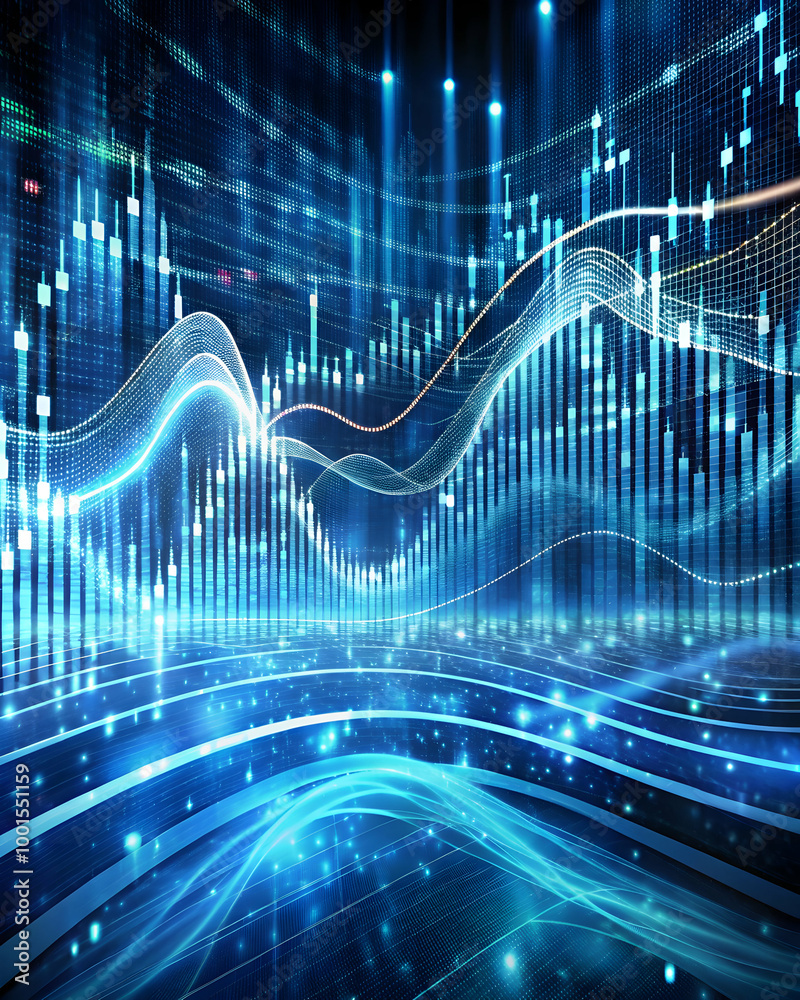 Poster dynamic data streams: abstract visualization of financial market data, showcasing dynamic graphs and