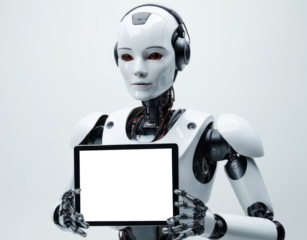 robot using tablet isolate on white background