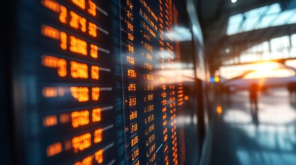 A digital departure board displays flight times and gate information in an airport : Generative AI