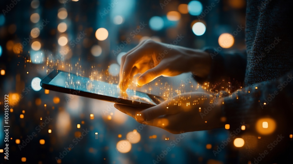 Fototapete Digital technology internet global network technology concept Business man using digital tablet computer with global internet network connection smart city background data exchange eco : Generative AI