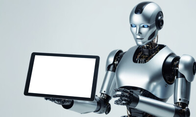 robot using tablet isolate on white background