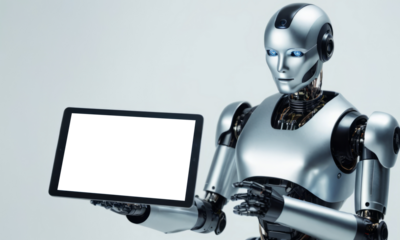 robot using tablet isolate on white background