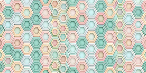 Pastel Hexagon Pattern: A seamless pattern of pastel-colored hexagons arranged in a staggered pattern, creating a subtle depth and texture.
