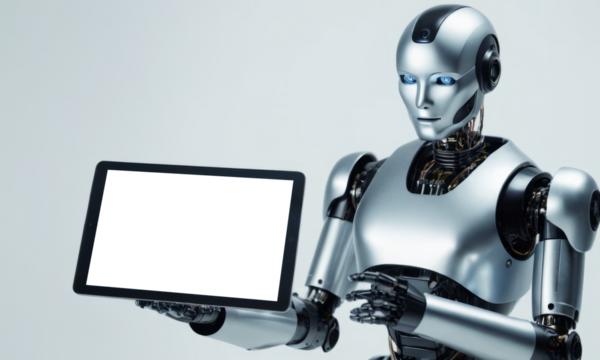 robot using tablet isolate on white background