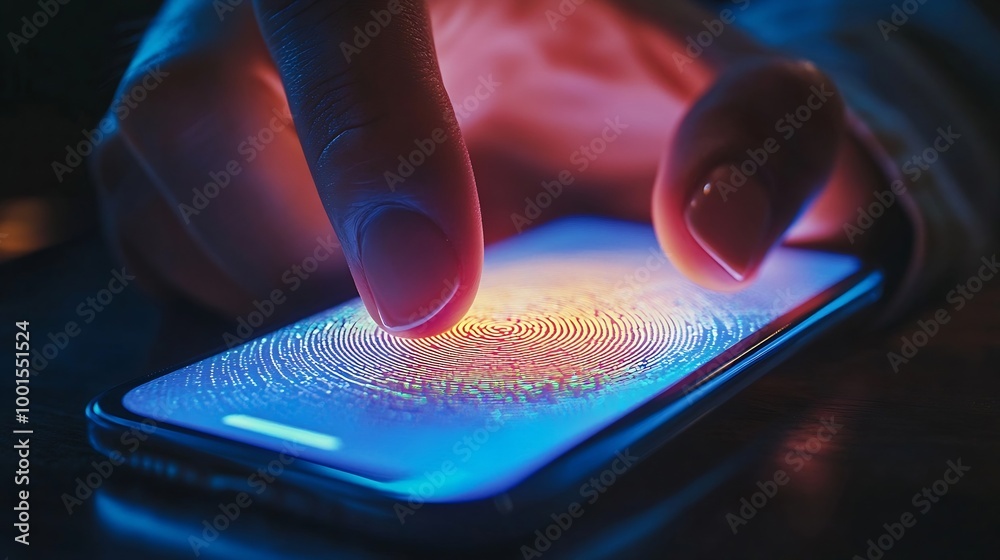 Leinwandbilder man using fingerprint identification to access personal financial data on mobile phone mobile banking app biometrics cyber security innovation technologyBiometrics security system : Generative AI