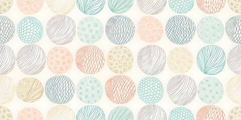 Pastel Circle Pattern: Seamless design of soft, pastel-colored circles with various textures and patterns. Perfect for backgrounds, textiles, and more.