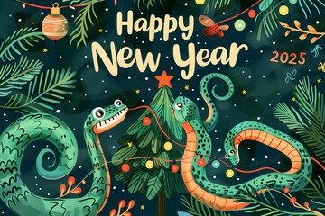 Naklejka premium A green snake is next to a Christmas tree