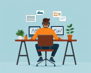 Developer creating machine learning algorithms, graphs and data, flat design illustration