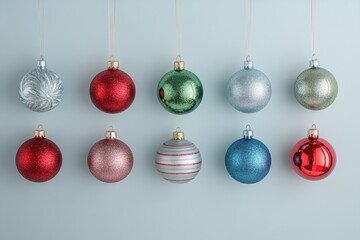 Obraz premium Festive christmas baubles hanging on light blue background