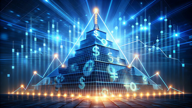 Financial Pyramid: A futuristic, abstract representation of financial growth, depicting a towering structure of currency symbols with glowing lights and a dynamic backdrop of data graphs.  