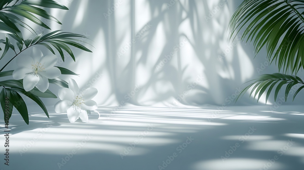 Fototapete Abstract white studio background for product presentation Empty room with shadows of window and flowers and palm leaves  3d room with copy space Summer concert Blurred backdrop : Generative AI