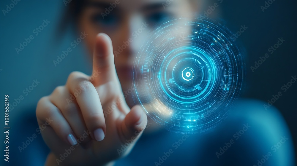 Aufkleber Studio press and woman with finger on choice with technology button or password access on app Hand biometric security system and vote selection decision or user experience on blue back : Generative AI