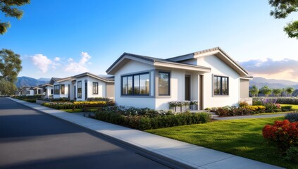 rendering of three single-story, Craftsman-style houses with white walls and gray roofs.