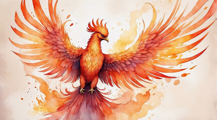 Vibrant watercolor phoenix rising with fiery red and orange feathers and dynamic splashes