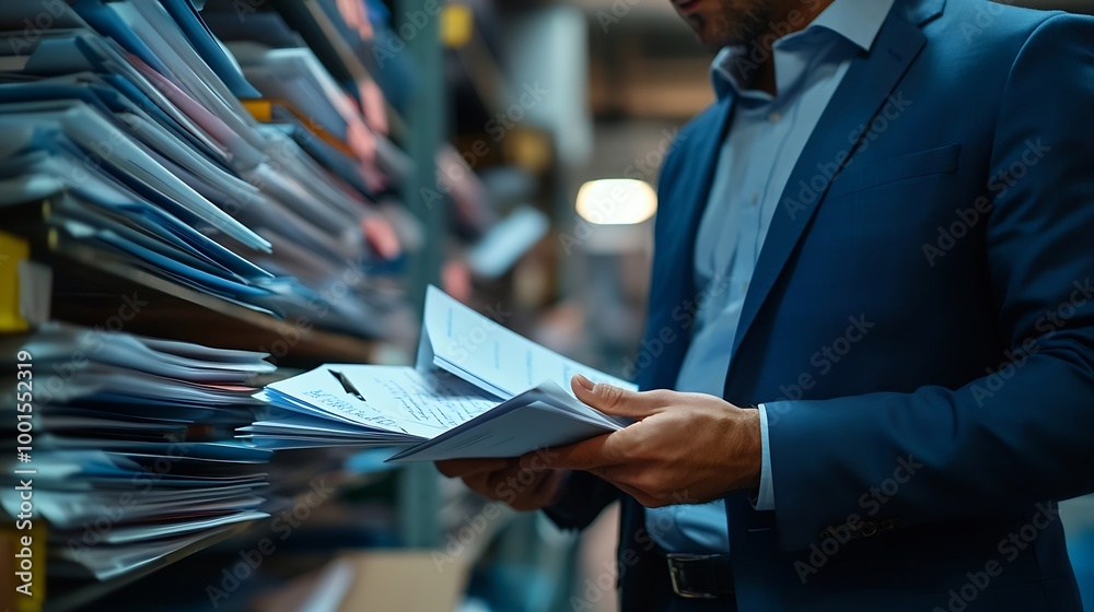 Poster Businessman look up documents and sort items for efficient document management organizing organizational information document visualization record management online document file infor : Generative AI