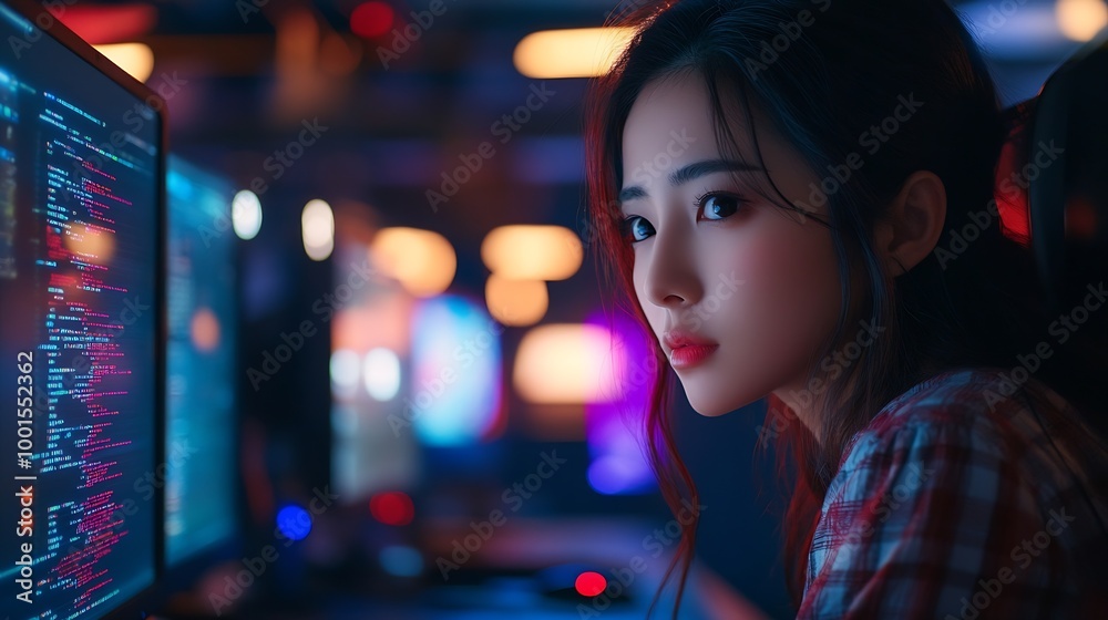 Poster Female Asian Game Programmer Coding On Desktop Computer In Game Development Studio Diverse Office Focused Woman Writes Lines Of Code Does AI Engineering For New Immersive 3D Survival V : Generative AI