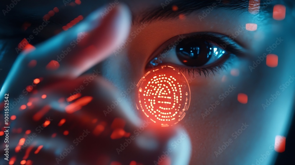 Poster Digital banking Cyber security data protection Businessman using fingerprint indentity and face id to access personal financial data biometric security on mobile banking app innovation : Generative AI