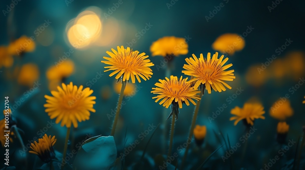 Poster floral summer spring background yellow dandelion flowers closeup in a field on nature on a dark blue