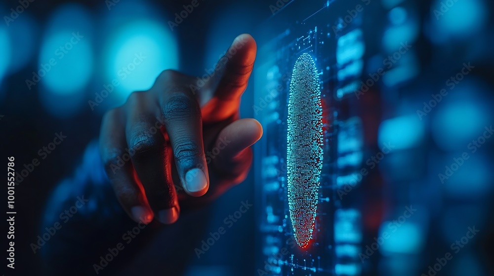 Poster biometric authentication african american businessman touching virtual panel for fingerprint scannin