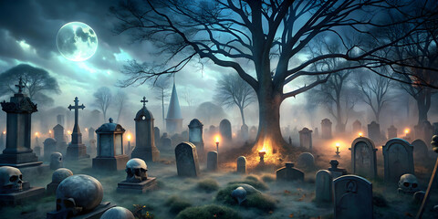 Eerie Cemetery under Moonlight: A haunting scene of a cemetery bathed in ethereal moonlight, with skeletal remains scattered amidst the tombstones.
