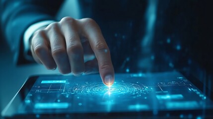 Businessman using tablet and fingerprint scanning unlock and access to business data network Biometric identification and cyber security protect business transaction from online digita : Generative AI