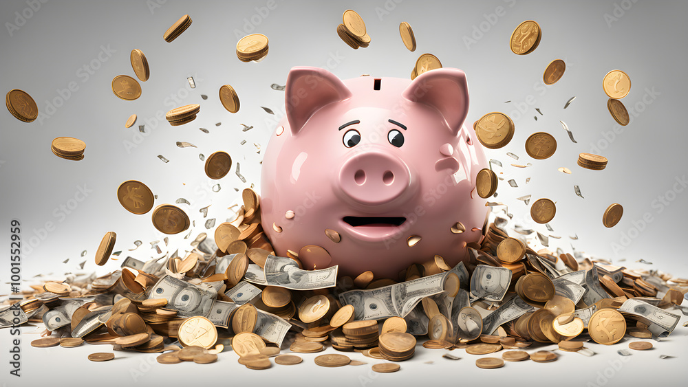 Wall mural saving money by adding coin in pig shaped bank after retirement and record keeping of income, expend