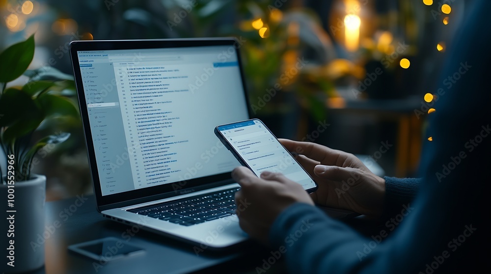 Poster business person reading emails on smartphone and laptop computer screen online communication and mar