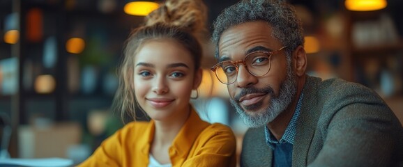 Smiling young woman and older man in a cafe