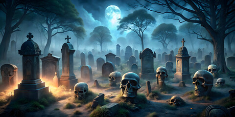 Under a Pale Moon: A haunting, atmospheric illustration of a graveyard bathed in moonlight, with weathered tombstones casting long shadows and skulls scattered across the ground.