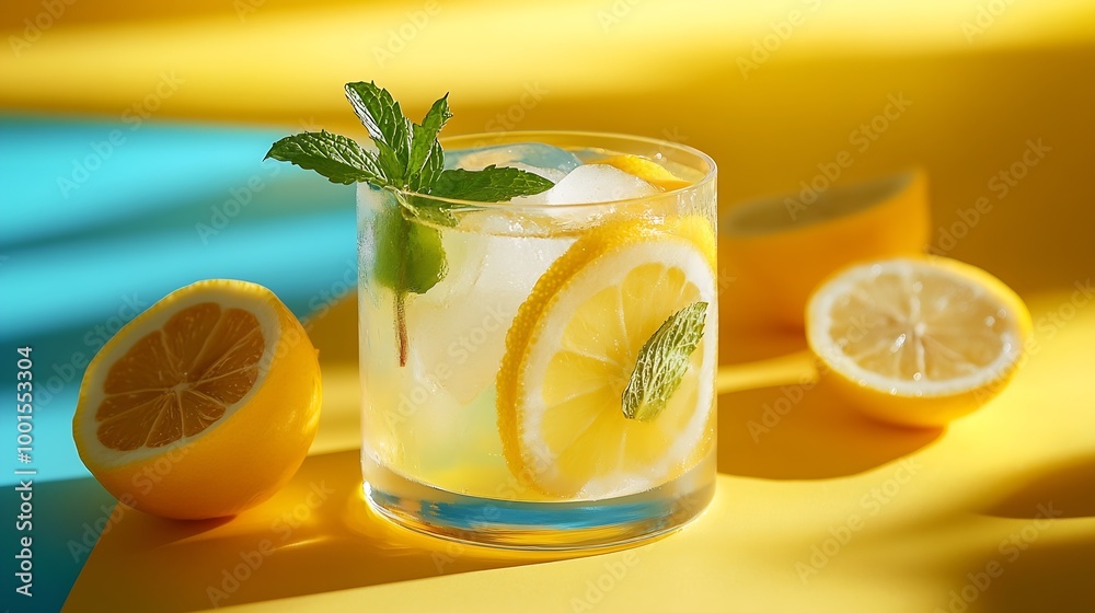 Poster A  cold lemonade in a glass with lemon mint and ice on a yellow and blue background with shadow The concept of a refreshing and healthy drink : Generative AI