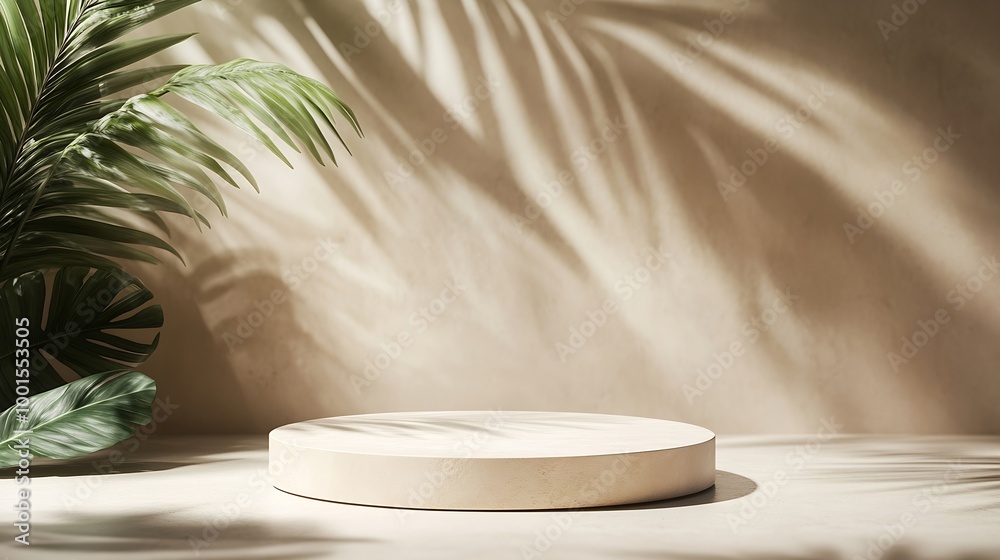 Aufkleber beige background for product presentation with shadow of tropical palm leaves and light podium stage