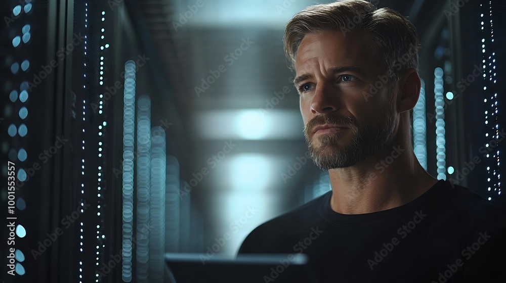 Poster Man tablet and server room programming or coding for cybersecurity information technology and data protection backup Happy engineering person on digital software and hardware solution  : Generative AI