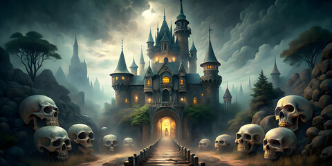 Haunted Castle at Night: A digital painting of an ominous castle shrouded in mist and surrounded by piles of skulls under a full moon. Perfect for Halloween, gothic themes, and fantasy settings. 