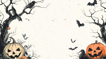 A spooky Halloween scene featuring carved pumpkins, bats, and eerie trees, perfect for autumn celebrations and festive decorations.