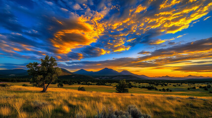 A lone tree stands in a field against a backdrop of mountains and a dramatic sunset sky.