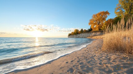 A beach with a body of water and a sunset in the background. The sky is blue and the sun is setting