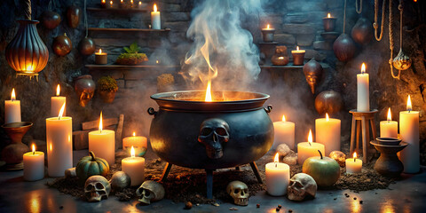 Mystical Cauldron with Burning Candles and Smoke: A black cauldron with a skull handle sits in the center of a dimly lit, mystical scene. Surrounded by burning candles and skulls.