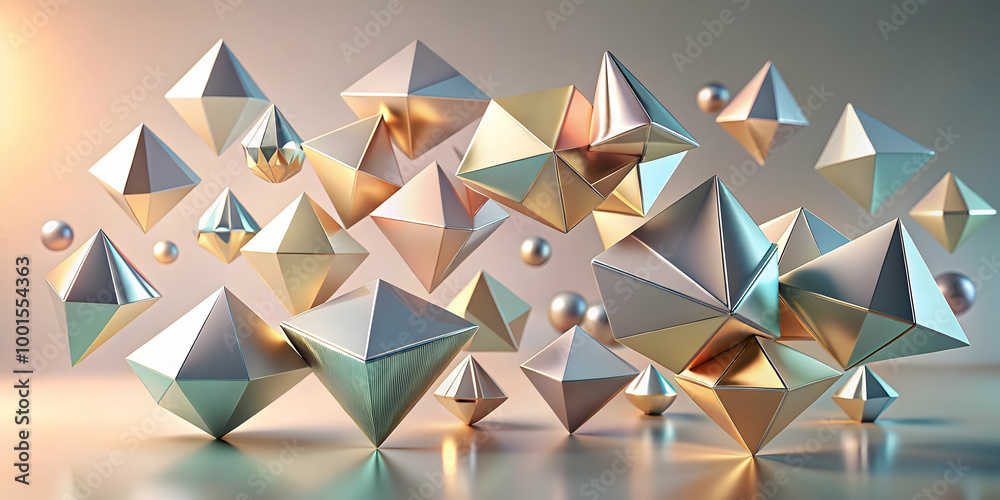 Poster geometric abstract: a mesmerizing array of floating metallic pyramids and spheres create a dynamic a