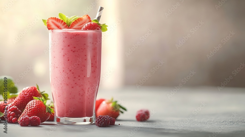 Poster a glass of strawberry milkshake or smoothie with strawberries on a light background with fresh berri
